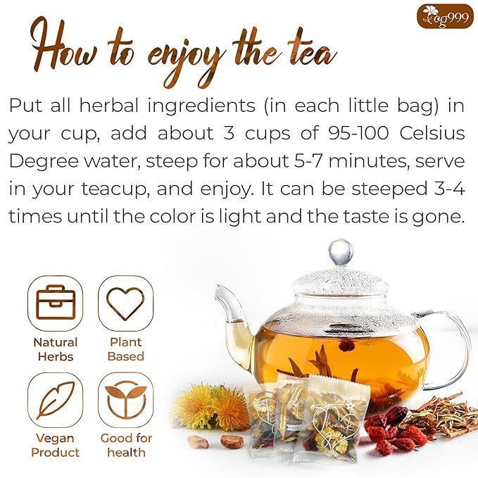 TOG999, Organic Dandelion Wolfberry Tea, 9 Herbal Ingredients, Traditional Recipe Tea for Kidney & Liver, Natural Dandelion, Wolfberry, Gardenia, Cassia Seed, Chrysanthemum, Licorice, Orange Peel