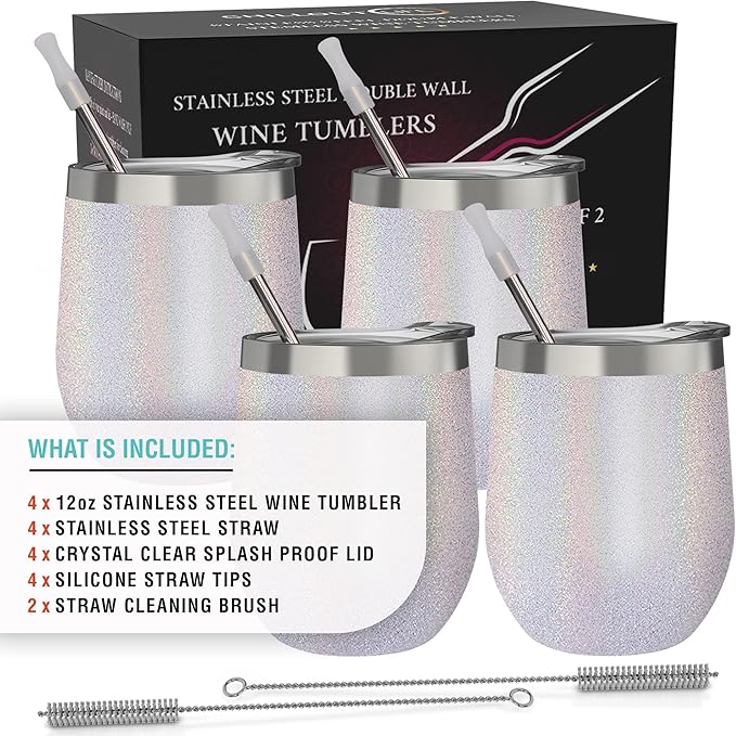 CHILLOUT LIFE 12 oz Stainless Steel Wine Tumblers 4 Pack - Double Wall Vacuum Insulated Wine Glasses Cups with Lids and Straws Set Keeping Cold & Hot for Coffee, Beer, Ice Cream - Holographic Glitter
