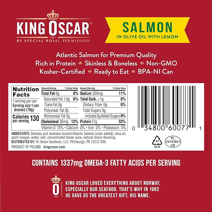 King Oscar Premium Salmon in Olive Oil with Lemon, 4.05-Ounce Cans (Pack of 12, Packaging May Vary), Skinless & Boneless Salmon