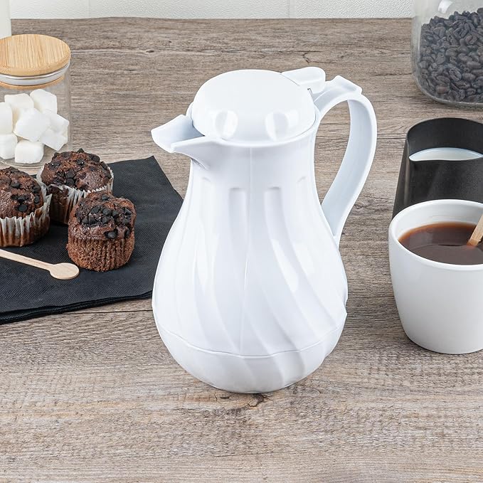Restaurantware-Restpresso 20 Ounce Coffee Carafe, 1 Insulated Coffee Server - Push-Button Top, Swirl Design, White Plastic Pitcher, Built-In Handle, With Identification Tags