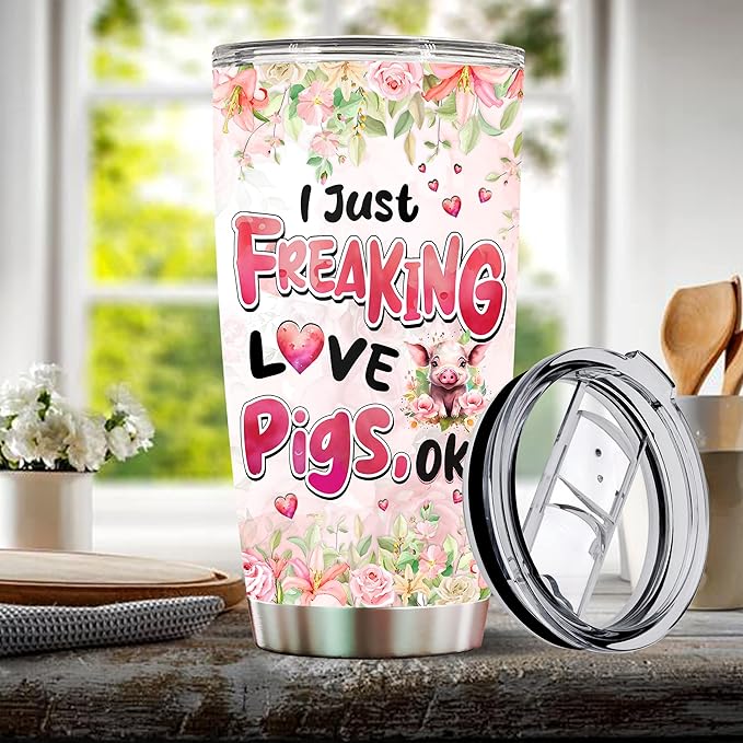 Pig Gifts Tumbler, Gifts For Pig Lovers Women, Girls Freaking Love Pigs Gift Cute Mug Pink Coffee Mugs Cup Funny Birthday Christmas Valentines 20oz Insulated Stainless Steel With Lid