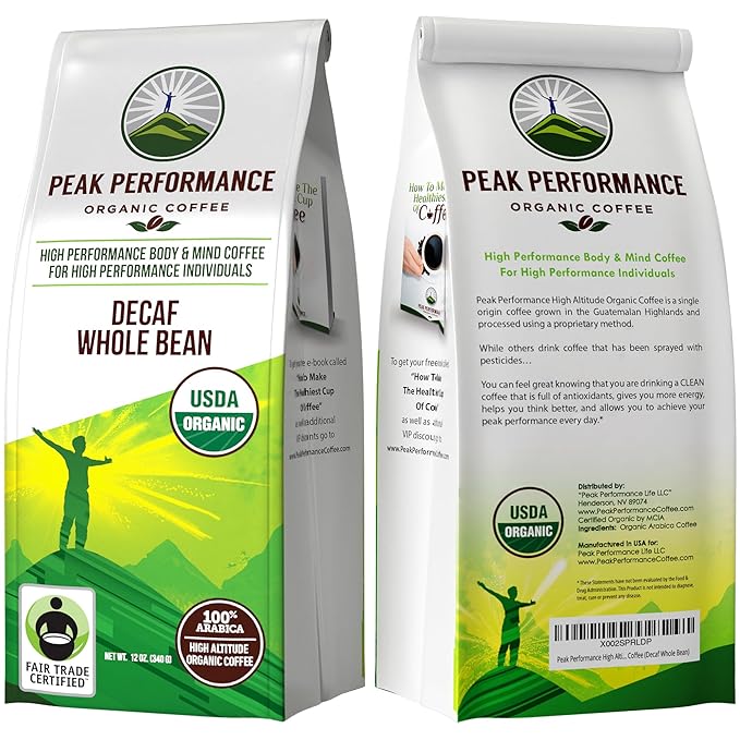 Peak Performance High Altitude Organic Decaf Coffee. Fair Trade, Low Acid, Non GMO, Beans Full Of Antioxidants. Medium Roast Smooth Tasting USDA Certified Organic Decaffeinated Whole Bean Coffee Bag