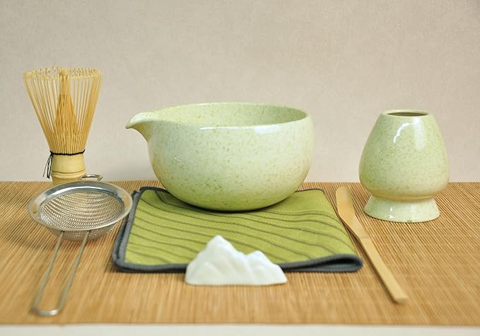Matcha Set, Ceramic Matcha Kit Set with Matcha Bowl, Matcha Whisk Chasen and Whisk Holder, Sifter, Bamboo Scoop, Scoop Rest and Tea Towel-7 Pcs Matcha Kit for Matcha Lovers, Green