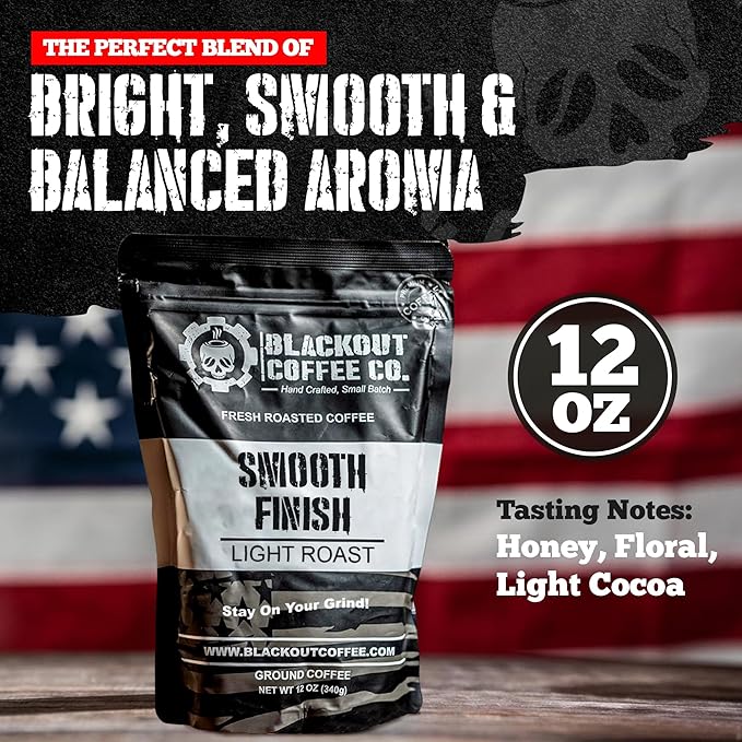 Blackout Coffee Smooth Finish Ground Coffee – Light Roast, Aromatic Smooth Taste – Freshly Roasted 12oz Bag