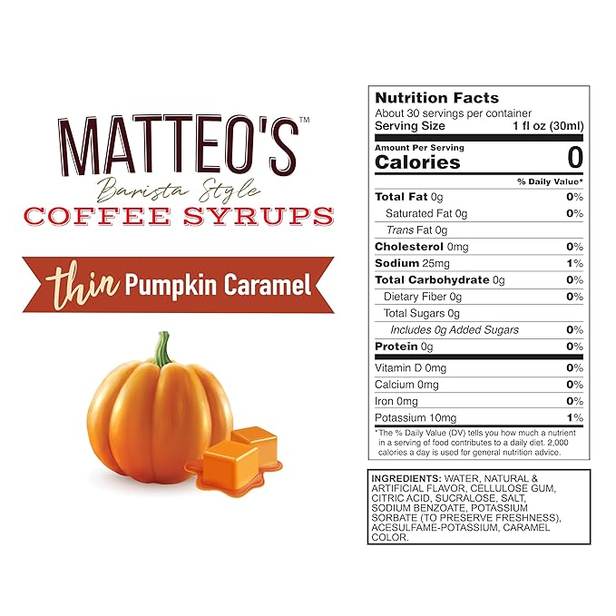 Matteo's Pumpkin Caramel Syrup for Coffee, Lattes, Cappuccinos & Desserts – Sugar-Free Sweetener for Beverages, Keto Friendly, Zero Calories, Indulgent Flavor, Non-Alcoholic, 33.8oz (6pk)