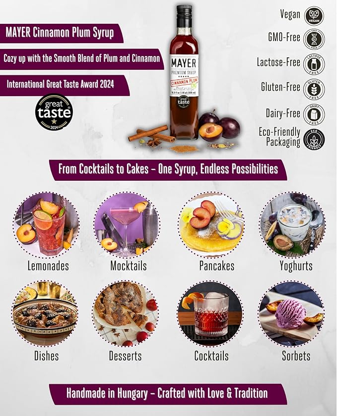 Mayer Premium Cinnamon Plum Syrup – Award-Winning, All-Natural, Vegan, Gluten-Free, Made with 100% Real Fruits, (16.9oz), Perfect Coffee Syrup & Cocktail Syrup, No Artificial Additives (1 Pack)