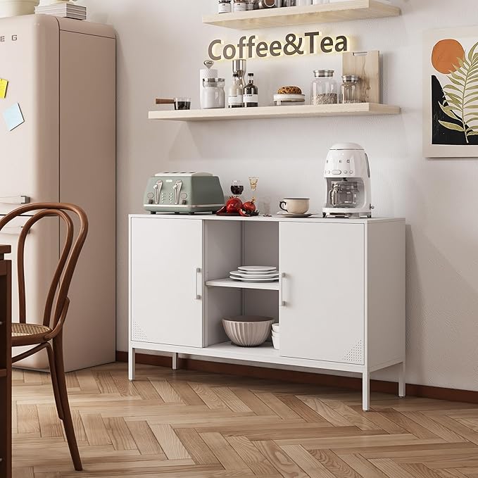 Metal Storage Cabinet,Metal White TV Stand,Coffee Bar Buffet Cabinet Kitchen Sideboard Storage with Adjustable Shelves for Living Room Bedroom
