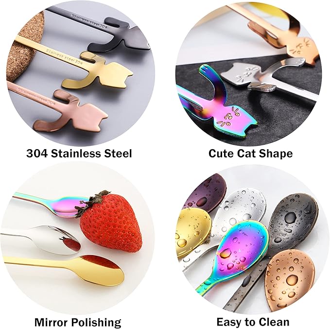 6 PCS Cat Spoon Coffee Tea spoon Set, ESRISE Stainless Steel Mini Long Cute Kitten Stirring Teaspoons for Dessert Drink Mixing Milkshake (Multi)