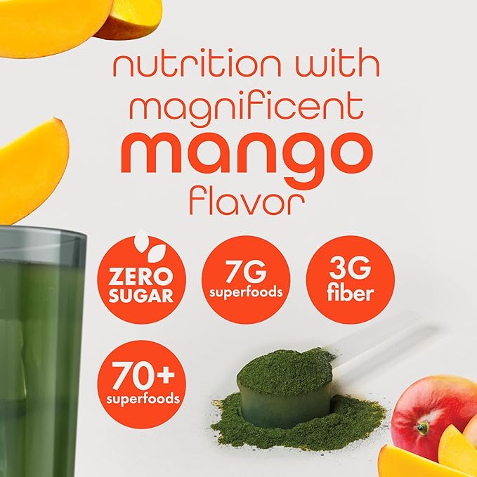 Zena Nutrition Organic Super Greens Powder, 70+ Superfoods, 0 Sugar, 3G Fiber, Spirulina, Chlorella, Mushrooms, Prebiotics/Probiotics, Digestive Enzymes for Gut Health, Mango, 30 Servings