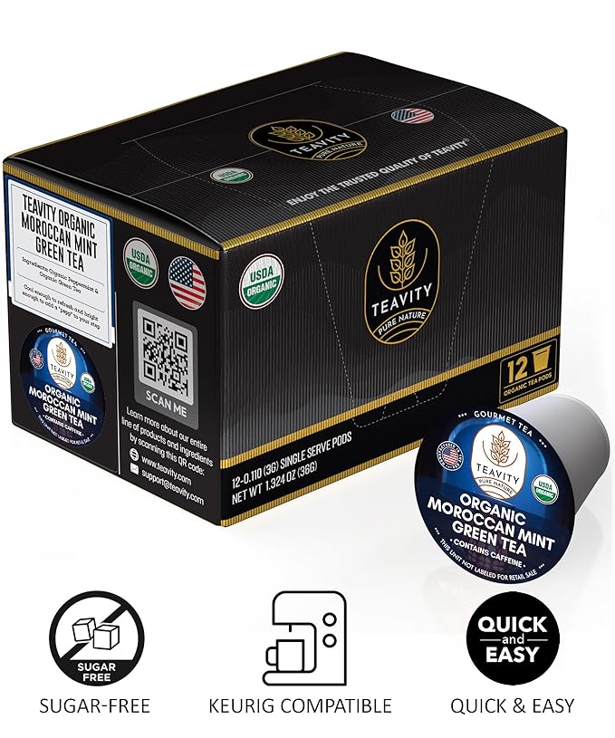 Organic Moroccan Mint Tea and Green Tea Pods for Keurig - Caffeinated Unsweet Tea for K Cup Brewing by Teavity (36 Tea Pods)