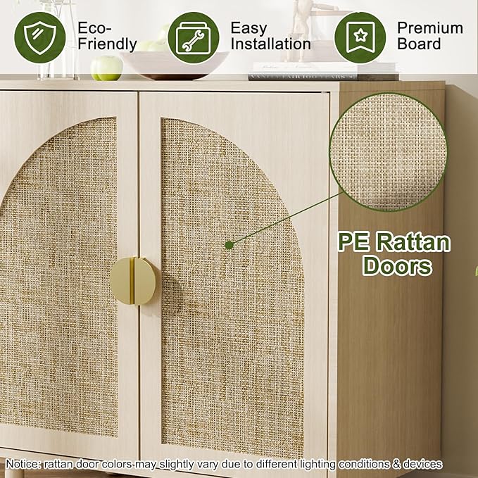 Rattan Sideboard Cabinet with Doors and Adjustable Shelves, Boho Entryway Cabinet, Wood Storage Cabinet for Living Room, Kitchen, Entryway (Beige)
