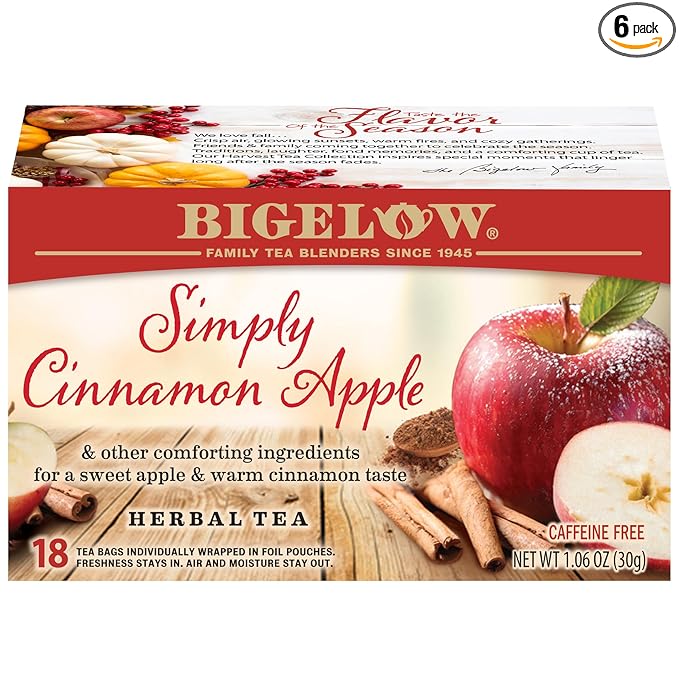 Bigelow Tea Simply Cinnamon Apple Herbal Tea, Caffeine Free (Pack of 6), 108 Total Tea Bags