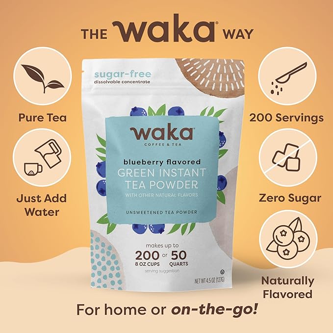 Waka Instant Green Tea Mix, Blueberry Flavored - 100% Tea Leaves, No Additives, Unsweetened Tea Powder in Bulk Pouch – Easy Quick Hot and Iced Teas, Up to 200 Cups (4.5oz)