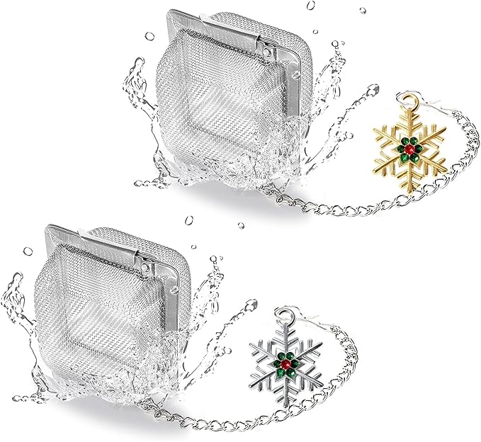 Snowflake Tea Infuser Set, 2 PCS Stainless Steel Tea Balls with Sparkling Rhinestone Gold & Silver Pendant, Reusable Loose Leaf Strainer for Winter & Christmas Gift