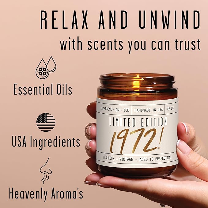 53rd Birthday Gifts for Women - 'Limited Edition 1972' Soy Candle, w/Champagne on Ice I 53rd Birthday Gifts for Women I 53rd Gift for Her Ideas I 9oz Reusable Jar, 50Hr Burn, Made in USA