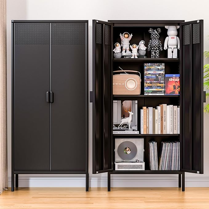 Metal Storage Cabinet with 2 Doors and 3 Adjustable Shelve,61" Black Kitchen Pantry Storage,Office Steel Cabinets Locker for Kitchen,Living Room,Dining Room,Home,Office