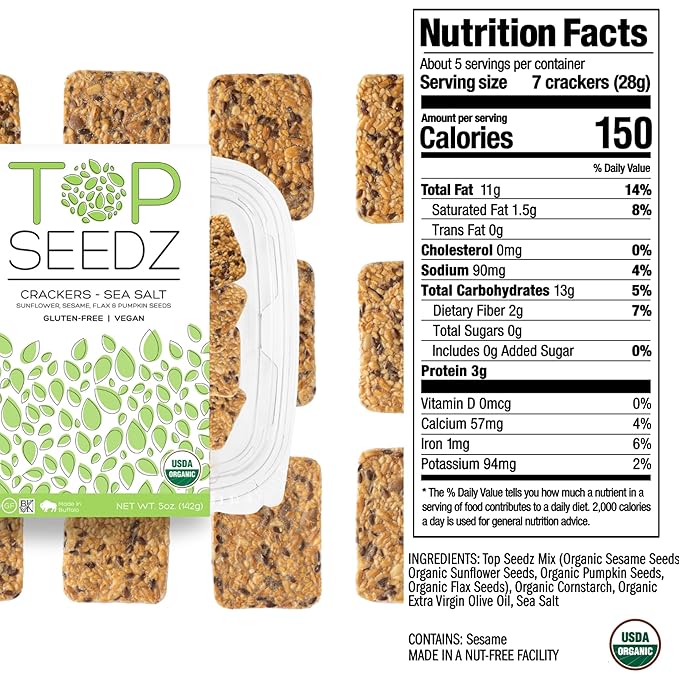 Top Seedz Deluxe Organic Gluten Free Vegan Crackers and Roasted Seeds Bundle | 2 Pouches of Maple Magic Roasted Seeds | 2 Packs of Sea Salt Crackers | 2 Packs of 6-Seed