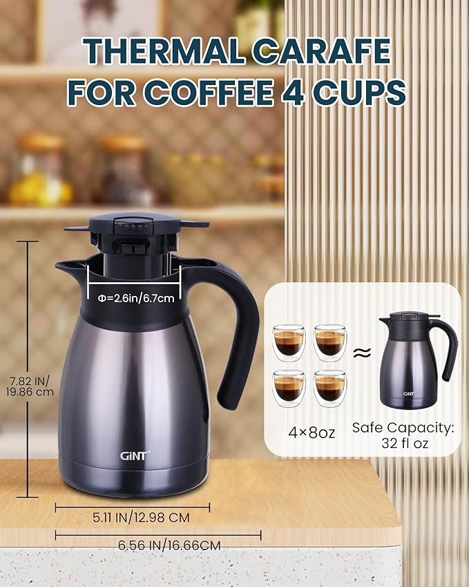 GiNT 1L / 34Oz Thermal Coffee Carafe, Insulated Stainless Steel Coffee Carafes for Keeping Hot/Double Walled Vacuum Thermal Carafe (Purple)