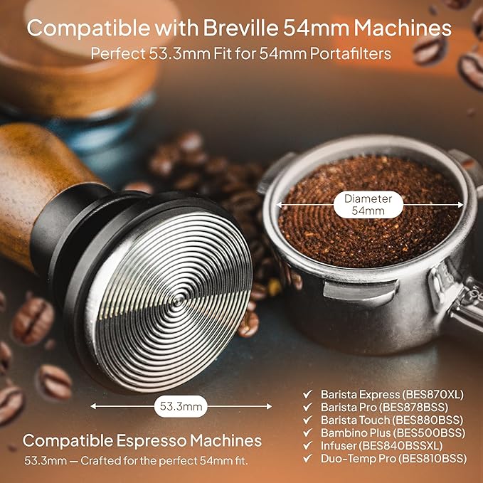 53.3mm Calibrated Espresso Tamper - 30lb Spring Loaded Auto-Leveling Coffee Tamper with Walnut Handle & Ripple Stainless Steel Base for 54mm Portafilters