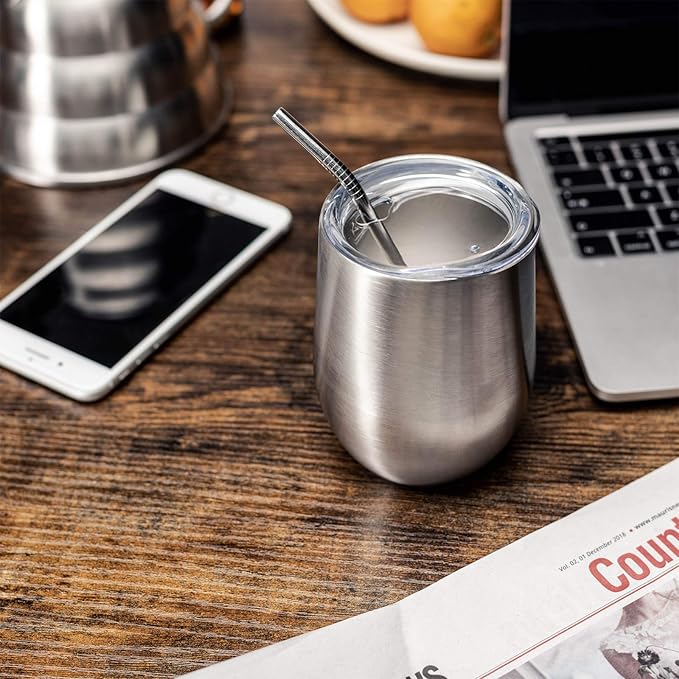 COMOOO 12oz Wine Tumbler with Lid and Straw, Stainless Steel Stemless Wine Tumbler, Double Wall Vacuum Insulated Wine Tumbler Cups for Wine, Coffee, Ice Cream, Champaign, Silver