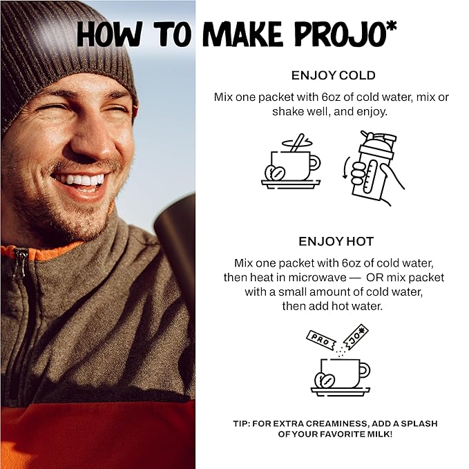 Projo* Power Coffee – Instant Coffee with 11g Protein – Grass-Fed Hydrolyzed Bovine Collagen & 175mg Caffeine – Mocha Latte Flavor – Organic – Energy Support – 12 Single-Serve Packets
