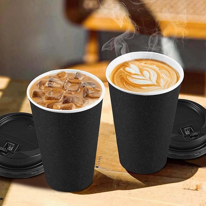 50 Pack 20 oz Coffee Cups with Lids, Disposable To Go Paper Coffee Cups with Sleeves and Stirring Sticks for Hot/Cold Drinks Office Home Shop Event (Black)