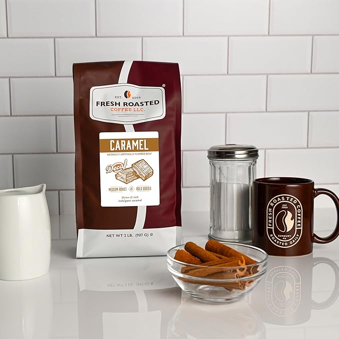 Fresh Roasted Coffee, Decaf Caramel Flavored Coffee, 2 lb (32 oz), Medium Roast, Kosher, Whole Bean