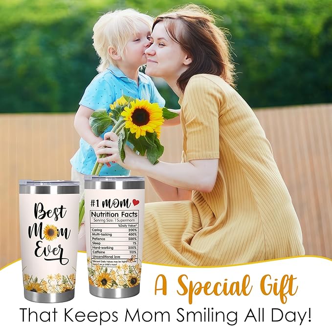 TEEZWONDER Christmas Birthday Gifts for Mom from Daughter Son - #1 Nutrition Facts Sunflower Stainless Steel Insulated Coffee Tumbler with Lid 20 oz - Mothers Birthday Gifts for Mama Grandma Women