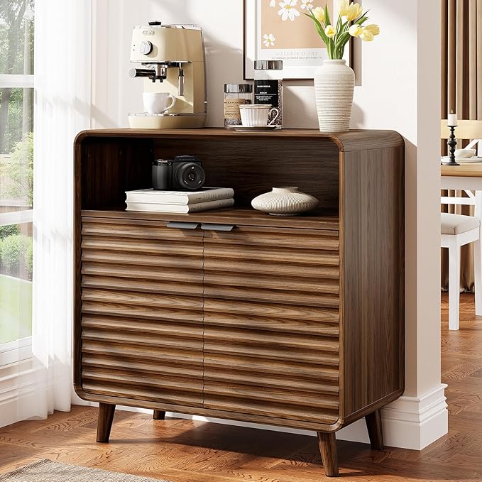 31.5" Sideboard Buffet Cabinet with Storage, Curved Sideboard with 2 Wave Doors and Angled Side Frame, Small Storage Cabinet with Adjustable Shelves, Coffee Bar Cabinet for Dining Room, Walnut