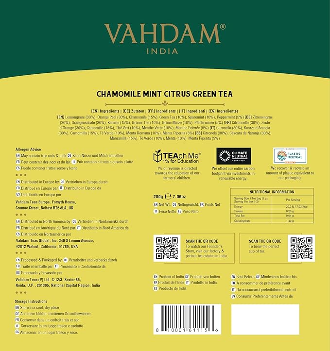VAHDAM, Chamomile Mint Citrus Green Tea Bags (100 Count) Low Caffeine, Non GMO, Gluten Free | Sweet & Floral | Resealable Ziplock Pouch | Chamomile Tea Bags