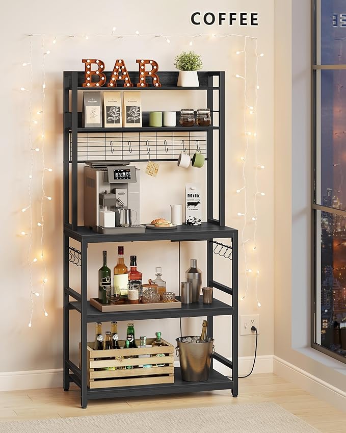 VASAGLE Bakers Rack with Power Outlet, Microwave Stand, Kitchen Tall Utility Storage Shelf, with Metal Wire Panel, 14 Hooks, 15.7 x 31.5 x 66.9 Inches, Charcoal Gray and Ink Black UKKS025B22