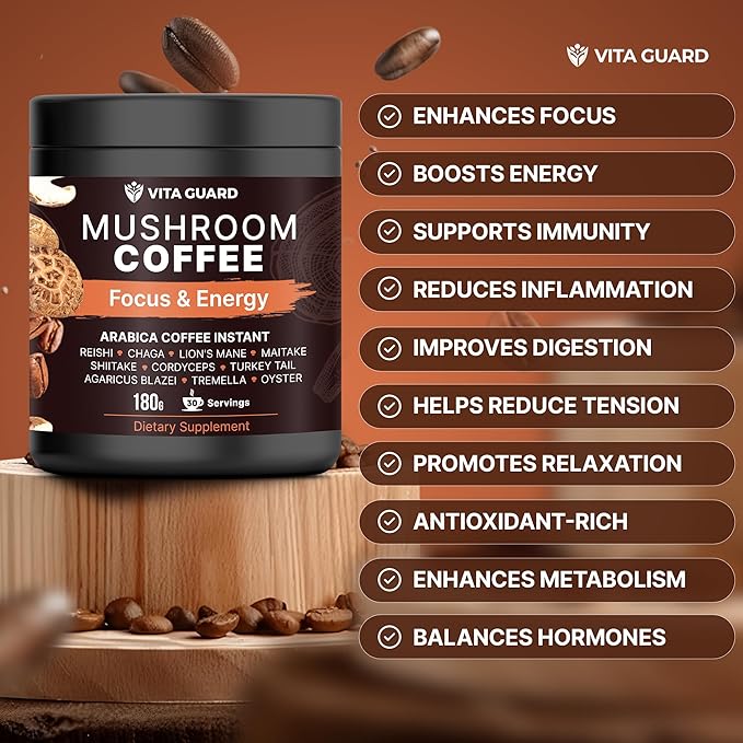 Vita Guard 10 Mushroom Coffee Instant Blend – Lion’s Mane, Cordyceps & Reishi – Premium Arabica with Coconut Powder – Focus, Energy & Immune Support | Cafe de Hongos – Rich & Smooth Adaptogenic Coffee