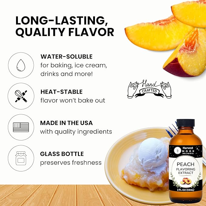 Natural Peach Extract - 2 oz - Water-Soluble - By Harvest Moon Delights - Peach Extract for Baking, Ice Cream, Drinks, and Candy - Flavoring, Flavor - Sugar-Free