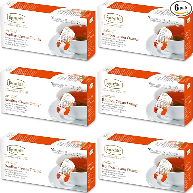 Ronnefeldt LeafCup Rooibos Cream Orange Chai – Naturally Caffeine-Free Red Herbal Tea with Orange Peel & Vanilla – Set of 6 Boxes – 90 Individually Wrapped Loose Leaf Tea Bags – Packed in Germany
