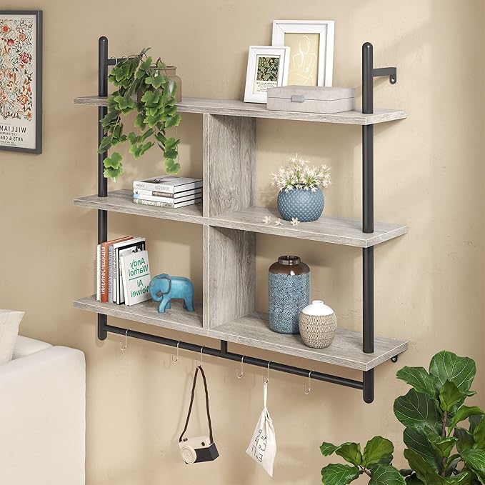 Bestier 41" Floating Kitchen Shelves Wall Mounted 3 Tier Coffee Bar Mug Shelf Hanging with 8 Hooks Display Plant Pipe Shelving for Living Room Kitchen Bathroom Balcony, Retro Grey