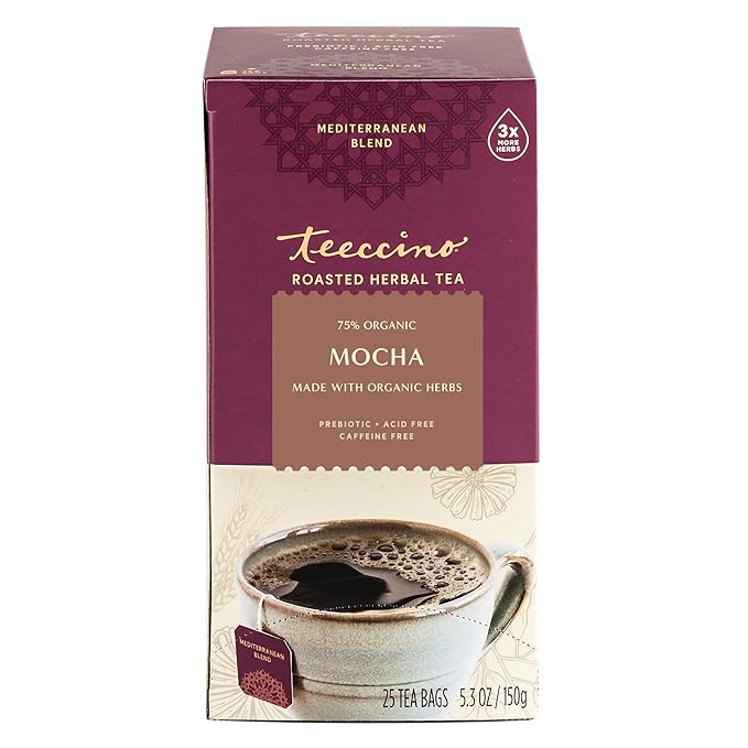 Teeccino Mocha Herbal Tea - Rich & Roasted Herbal Tea That’s Caffeine Free & Prebiotic for Natural Energy, 25 Tea Bags (Pack of 3)