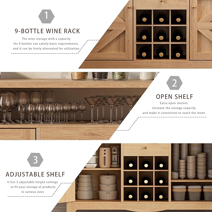 45.7” Wine Cabinet，Farmhouse Home Coffee Bar Sideboard Buffet Cabinet Liquor Storage with 9 Wine Racks & 2 Doors for Kitchen, Living and Dining Room (2, Natural)