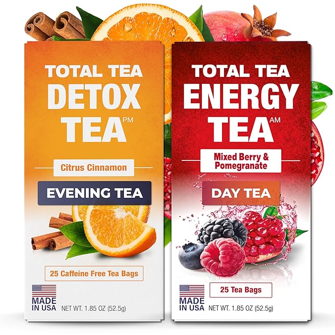 Total Tea Detox Tea & Energy Set - 25 Day Detox - Herbal SIim Tea with Chamomile - Hibiscus Tea and Ginger Root for Colon Cleanse – Natural Citrus & Cinnamon Fruit Tea for Digestive Health
