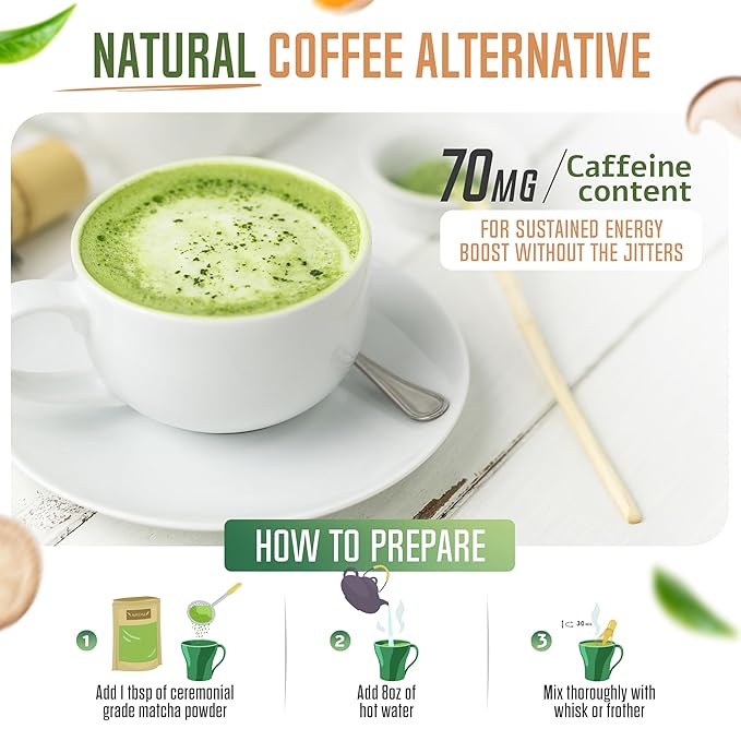 ReviTEAlize Matcha Mushroom Powder Latte Blend - Organic Japanese Ceremonial Grade Matcha Powder - Healthy Coffee Alternative - (30 Servings)