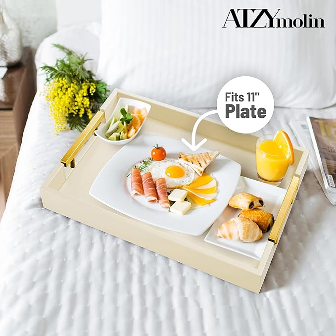 Leather Serving Tray with Gold Polished Metal Handles, Home Decorative Wooden Rectangle Ottoman Decor Platter Bathroom Vanity Tray for All Occasions Cream