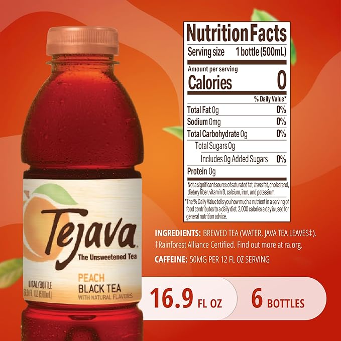 Tejava Peach Black Tea, 6 Pack 16.9 oz PET, Unsweetened, Ready-to-Drink Premium Iced Tea