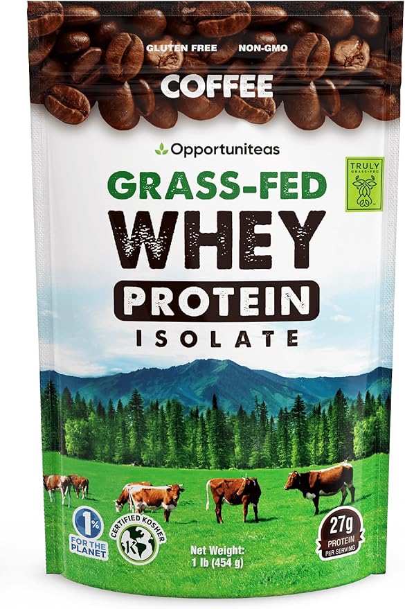Opportuniteas Coffee Whey Protein Powder - Low Carb & Keto Friendly - Grass Fed Whey Isolate + Colombian Coffee - 60 mg Caffeine for Energy - Pre or Post Workout Drink Mix, Latte, Shake & Smoothie 1lb