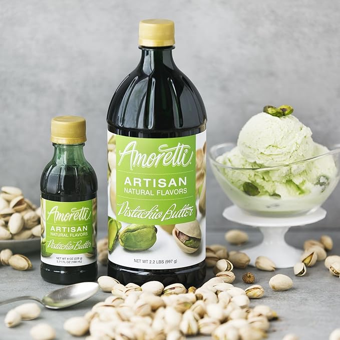 Amoretti - Natural Pistachio Butter Artisan Flavor Paste, 8 oz, Perfect For Ice Cream, Beverages, Cakes, and more, Preservative Free, Vegan, Gluten Free, No Artificial Sweeteners, Highly Concentrated