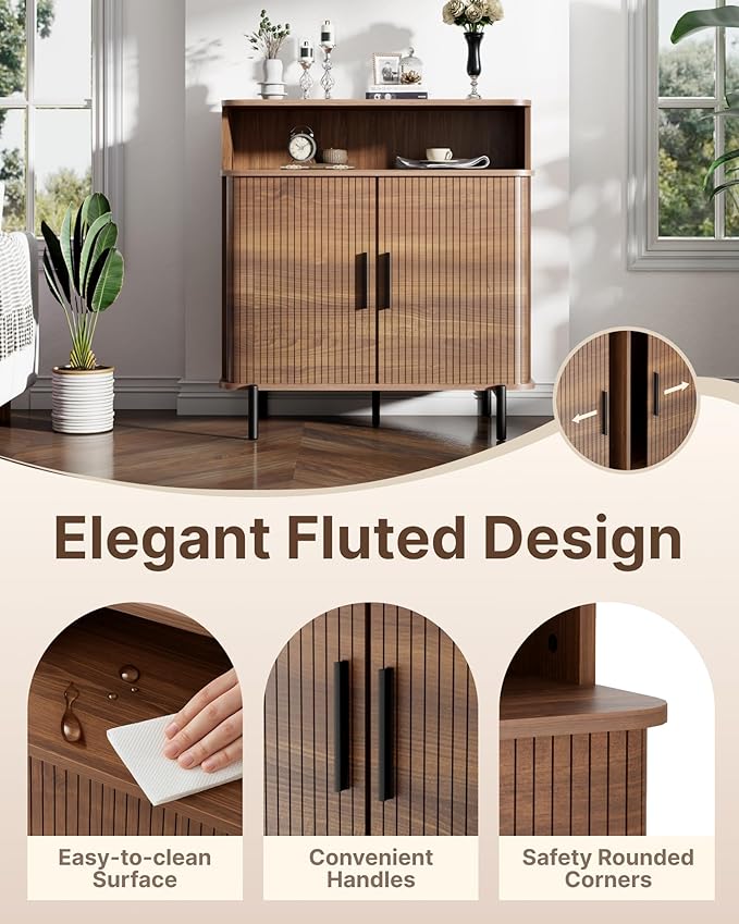 SUNCOZE Fluted Storage Cabinet with Sliding Tambour Doors, Sideboard Buffet Cabinet with Storage, Modern Accent Coffee Bar for Kitchen, Entryway, Living & Dining Room (Walnut)