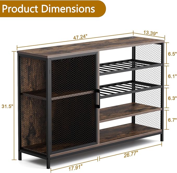 Wine Bar Cabinet with USB Charging & RGB Lights, Modern Liquor & Coffee Bar Station with Adjustable Shelves, Glass Holder, for Kitchen, Living Room, Dining Room