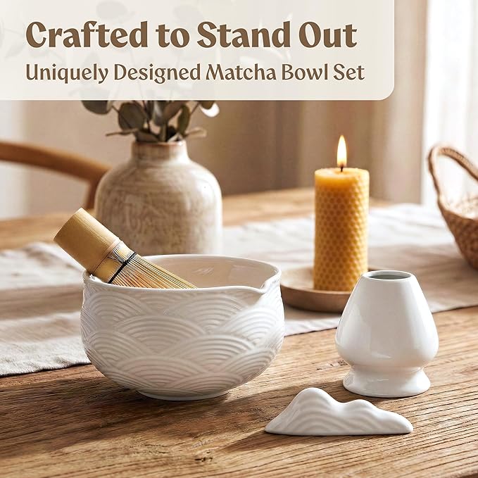 Matcha Kit Whisk Set (7 Pcs) - Complete Matcha Set, Matcha Bowl with with Bowl, Whisk and Holder, Bamboo Spoon/Scoop, Scoop Rester and Sifter incl. Booklet