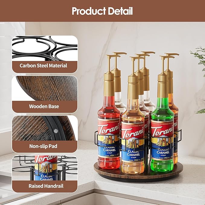 Rotating Coffee Syrup Organizer, 7 Bottles Coffee Syrup Rack for Countertop Syrup Bottle Holder Stand for Coffee Bar Station, Carbon Steel Frame with Wooden Base Coffee Bar Accessory, Black