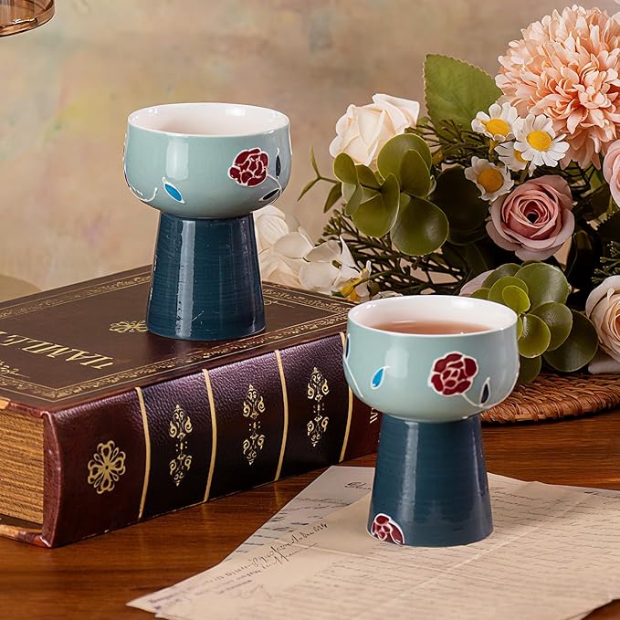 KAMMAK Tea Cup Set of 2 Small Tea Cups 2.1oz Blue Porcelain Tea Cup Set, Asian Ceramic Teacups for Home, Party, Office, Chinese Kung Fu Tea Set for Hot/Cold Drink (Mingji Mountain)