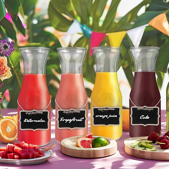Glass Carafe with Bamboo Lid,35 Oz Beverage Dispensers Carafe,Mimosa Bar Supplies,Clear Glass Pitcher with Name Labels for Iced Tea,Coffee,Juice(Set of 4)