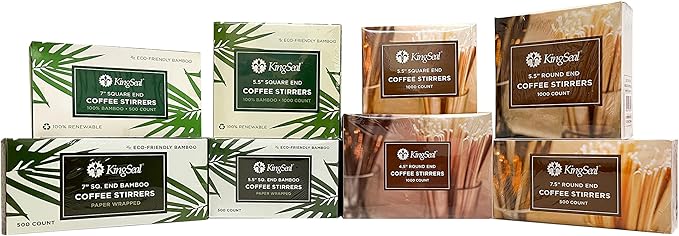 1000 Count | KingSeal Bamboo Wood Coffee Stirrers, Square End, 7 inch Length, 100% Renewable and Biodegradable - 2 Boxes x 500 Stirrers